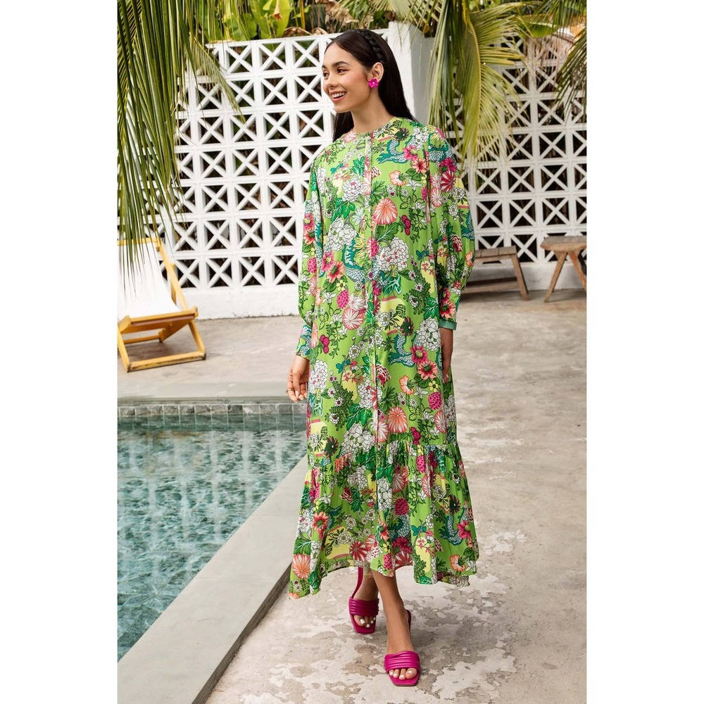 Maria B Green Floral Tiered Midi Dress Long Sleeve Botanical Print Small